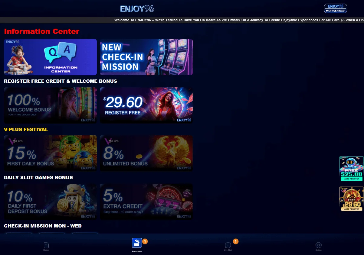 Enjoy96 Casino desktop promotions area with welcome offers