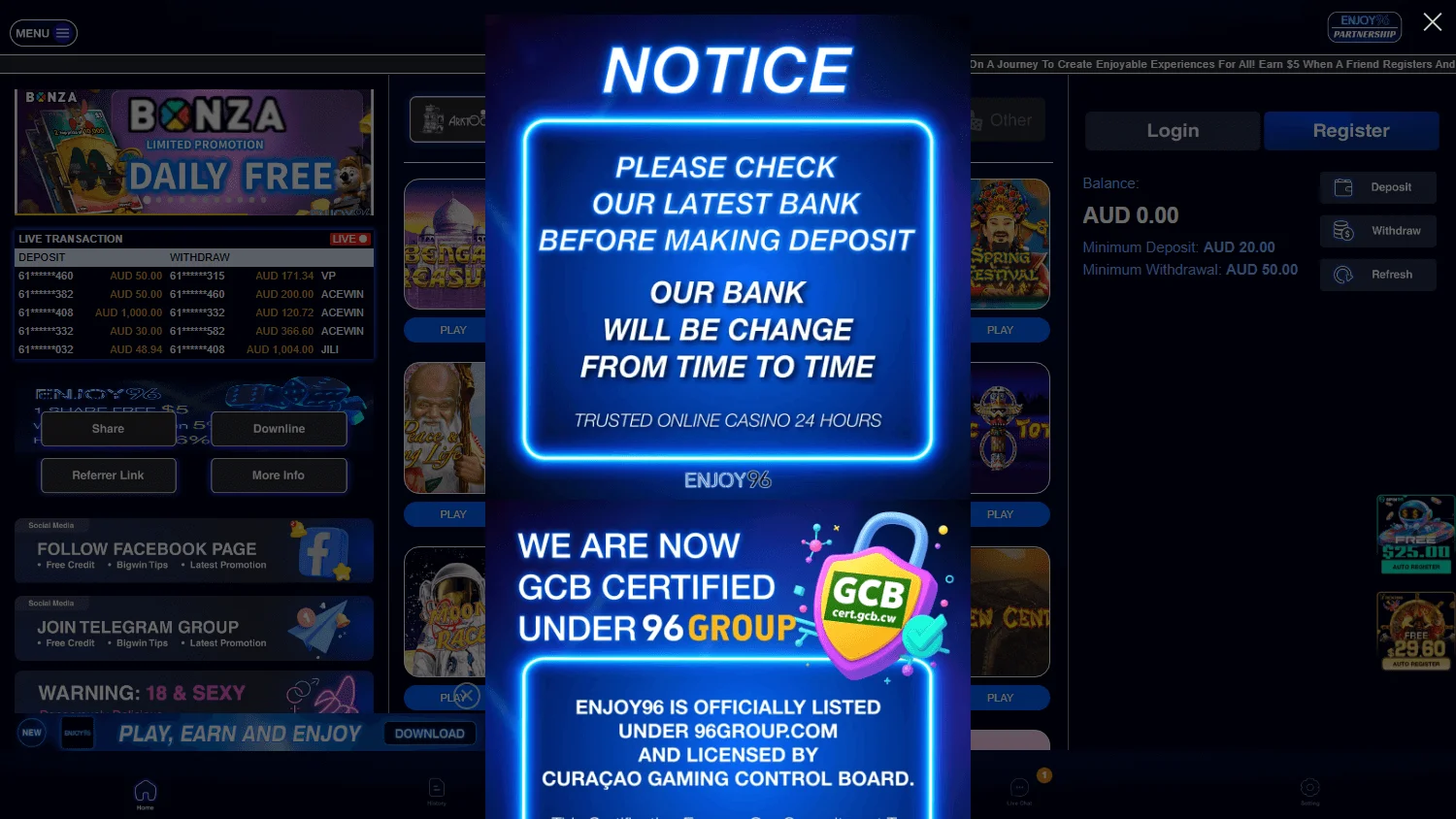 Enjoy96 Casino desktop games catalogue with pokies and casino categories
