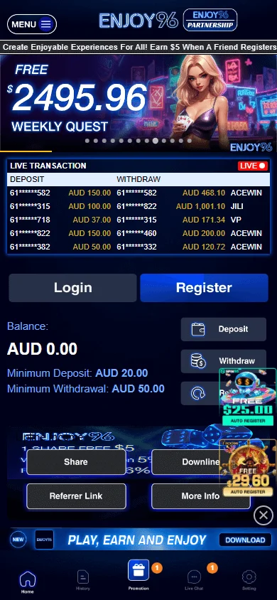 Enjoy96 Casino pokies and casino games on a mobile browser