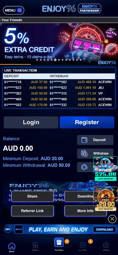 Enjoy96 Casino home experience on a mobile browser