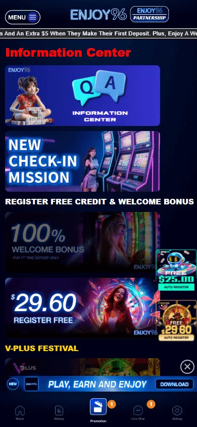 Enjoy96 Casino promotions area on a mobile browser